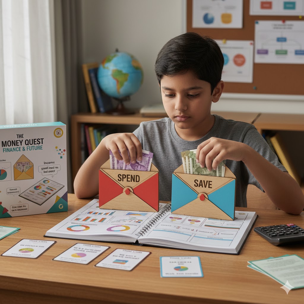 Young boy sorting money into 'Spend' and 'Save' envelopes while studying financial charts and worksheets at a desk.