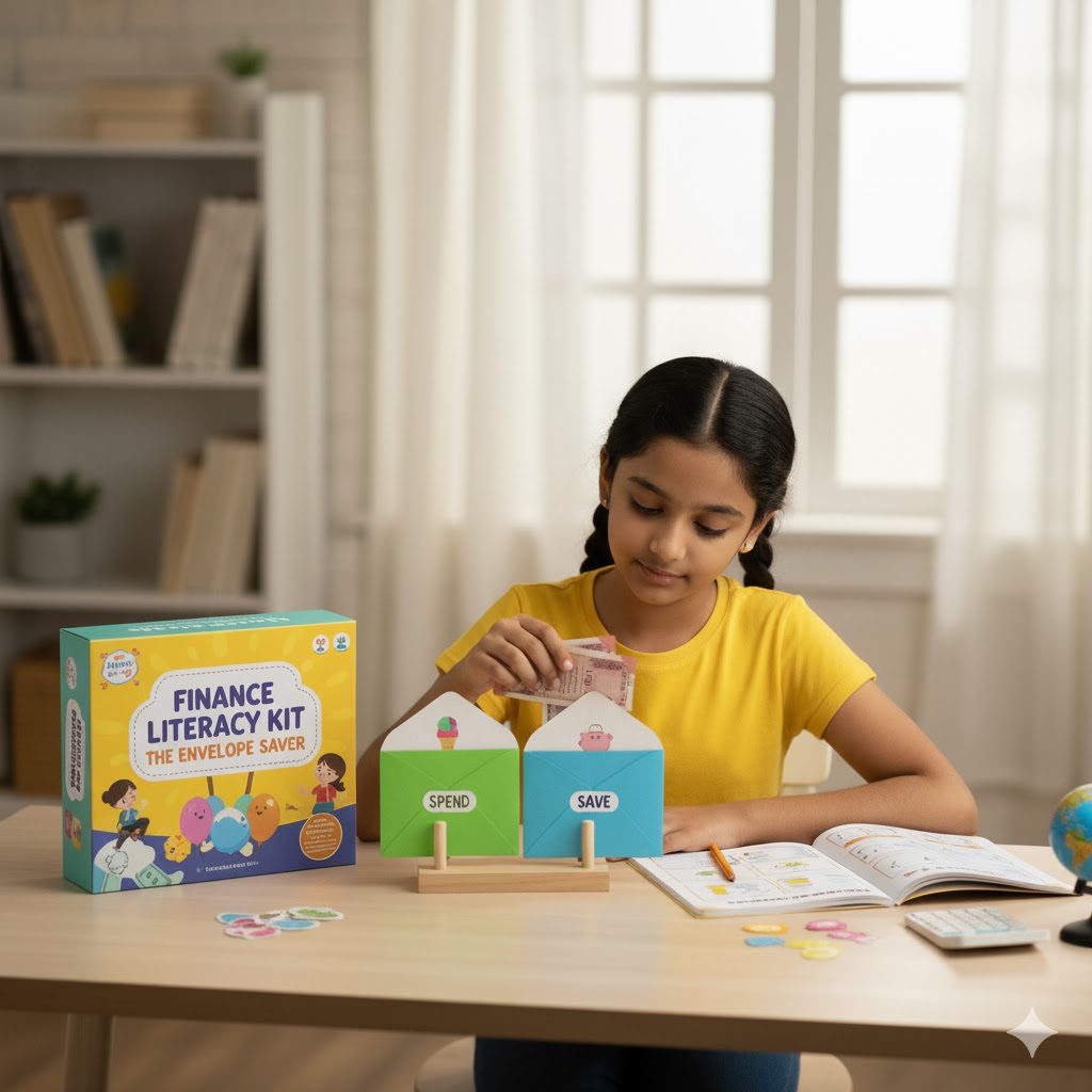 Young girl in a yellow shirt placing money into a blue 'SAVE' envelope from a finance literacy kit, sitting at a table with educational materials.