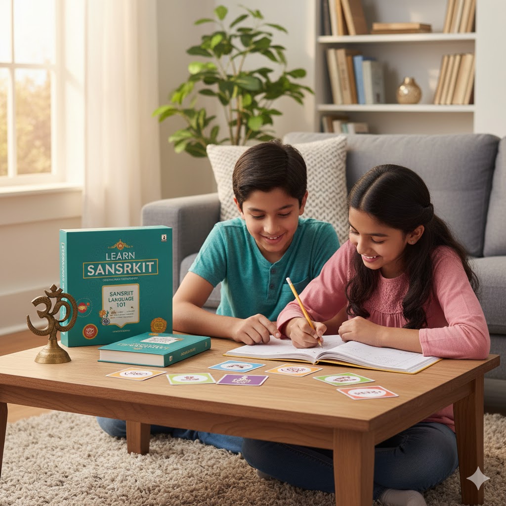 Two children sitting at a table engaged in learning Sanskrit with books and flashcards.