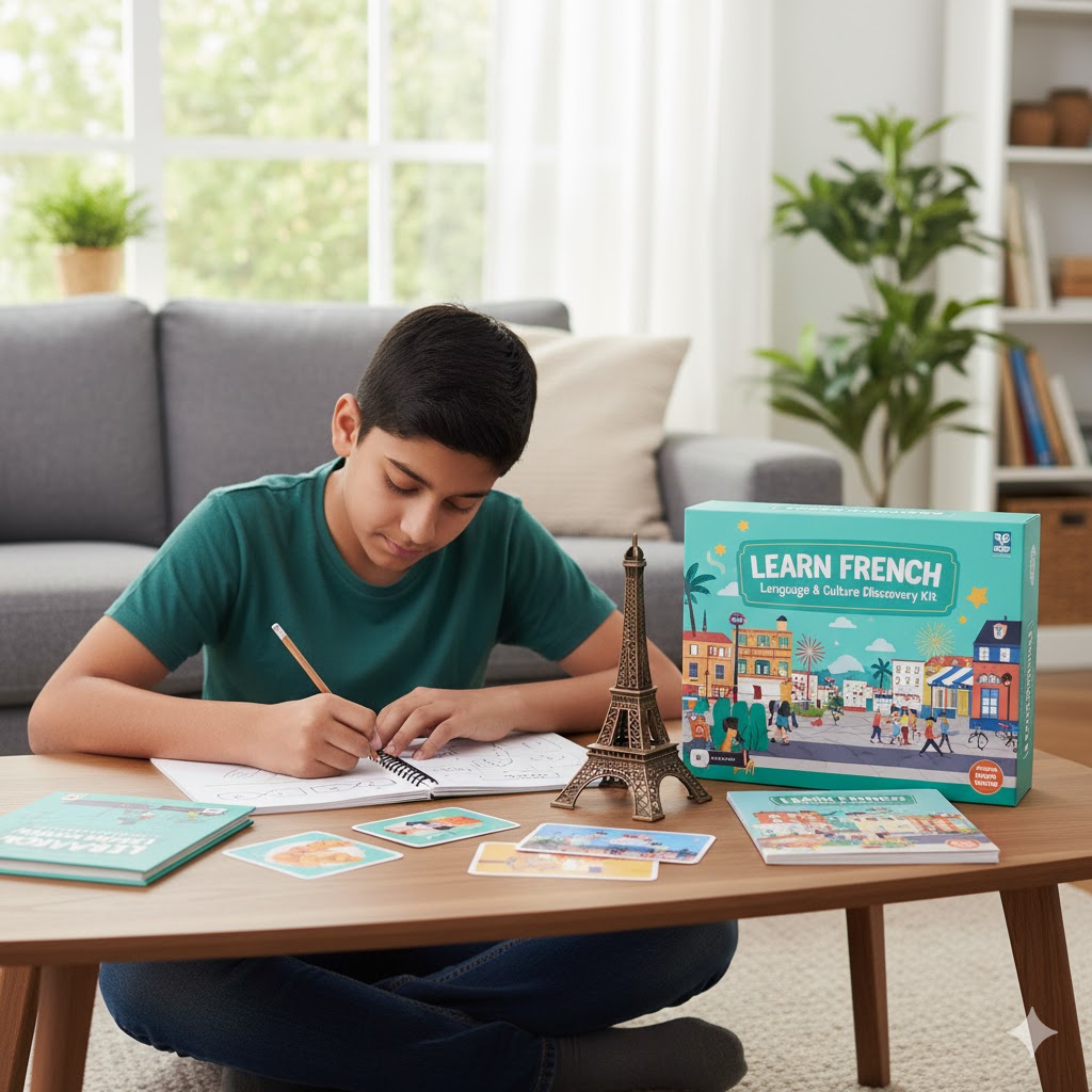 Young boy sitting at a table writing in a workbook with a Learn French kit and a small Eiffel Tower model nearby.