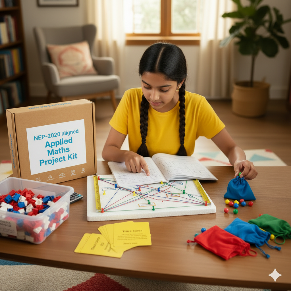 Girl in yellow shirt using an NEP-2020 aligned Applied Maths Project Kit with colorful string connections on a board and educational materials on the table.