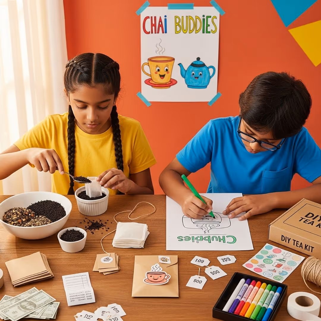 Two children at a table preparing tea bags and crafts with a 'Chai Buddies' poster on the orange wall behind them.
