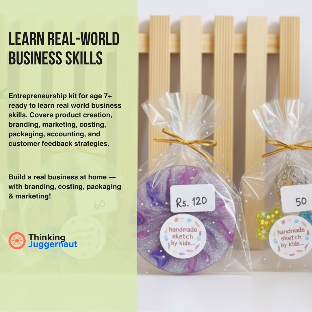 Two packaged handmade keychains with price tags displayed on a white surface, next to text promoting an entrepreneurship kit for kids aged 7+ to learn real-world business skills.