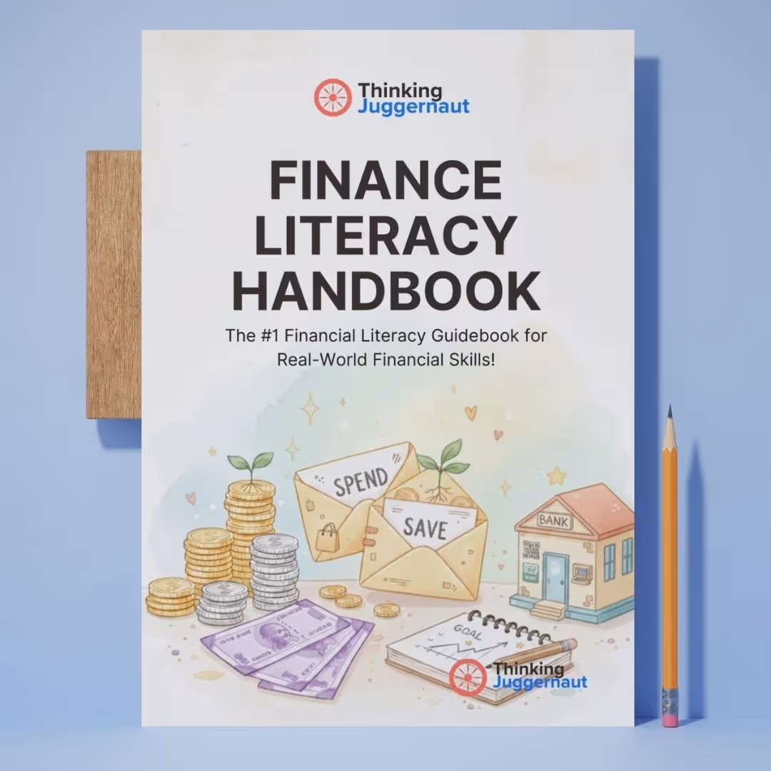 Cover of Finance Literacy Handbook with coins, currency notes, envelopes labeled spend and save, a bank building, and a notebook with a goal graph, alongside a pencil.