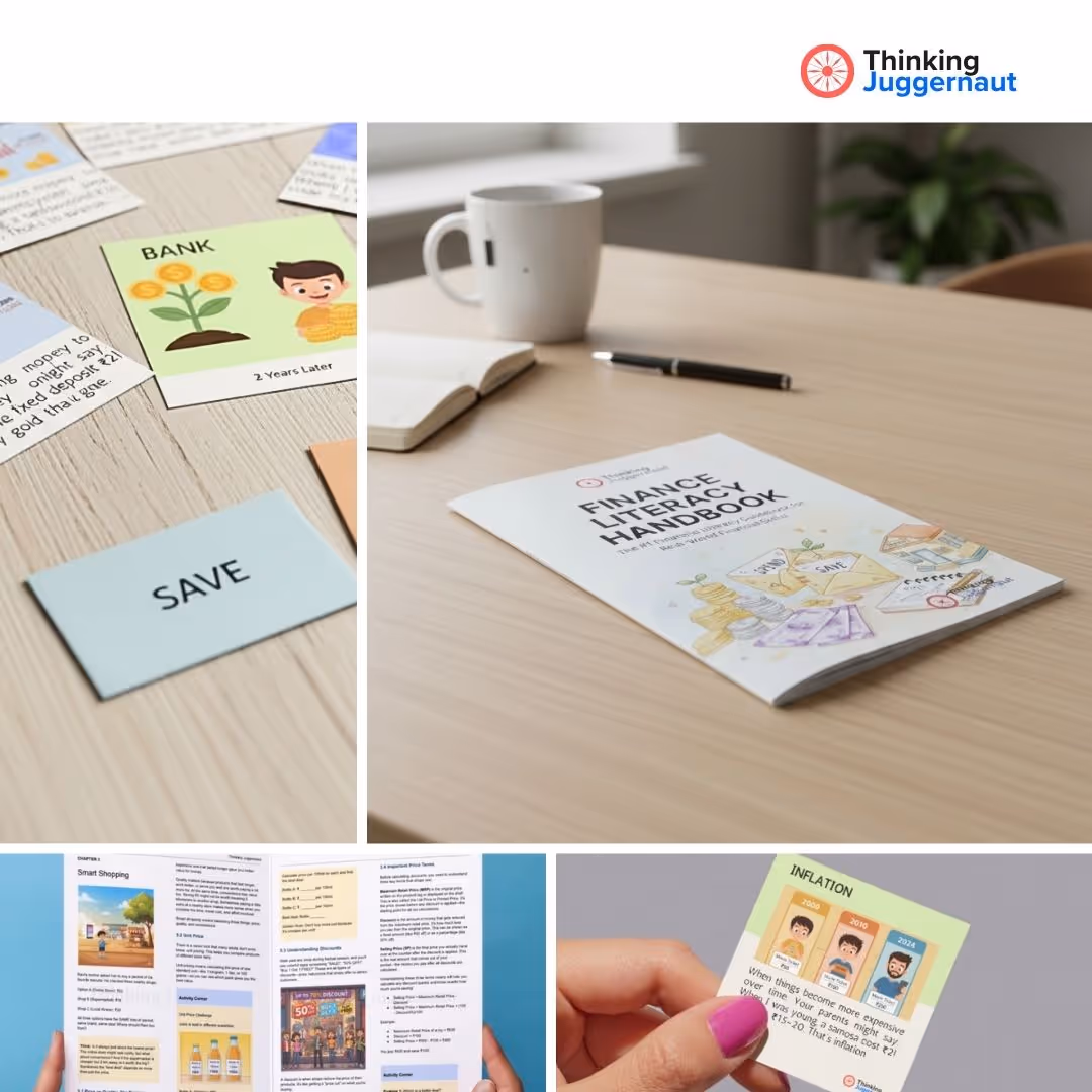Collage of four images showing a finance literacy handbook on a table, educational cards about saving and banking, and hands holding a brochure and an inflation explanation card.