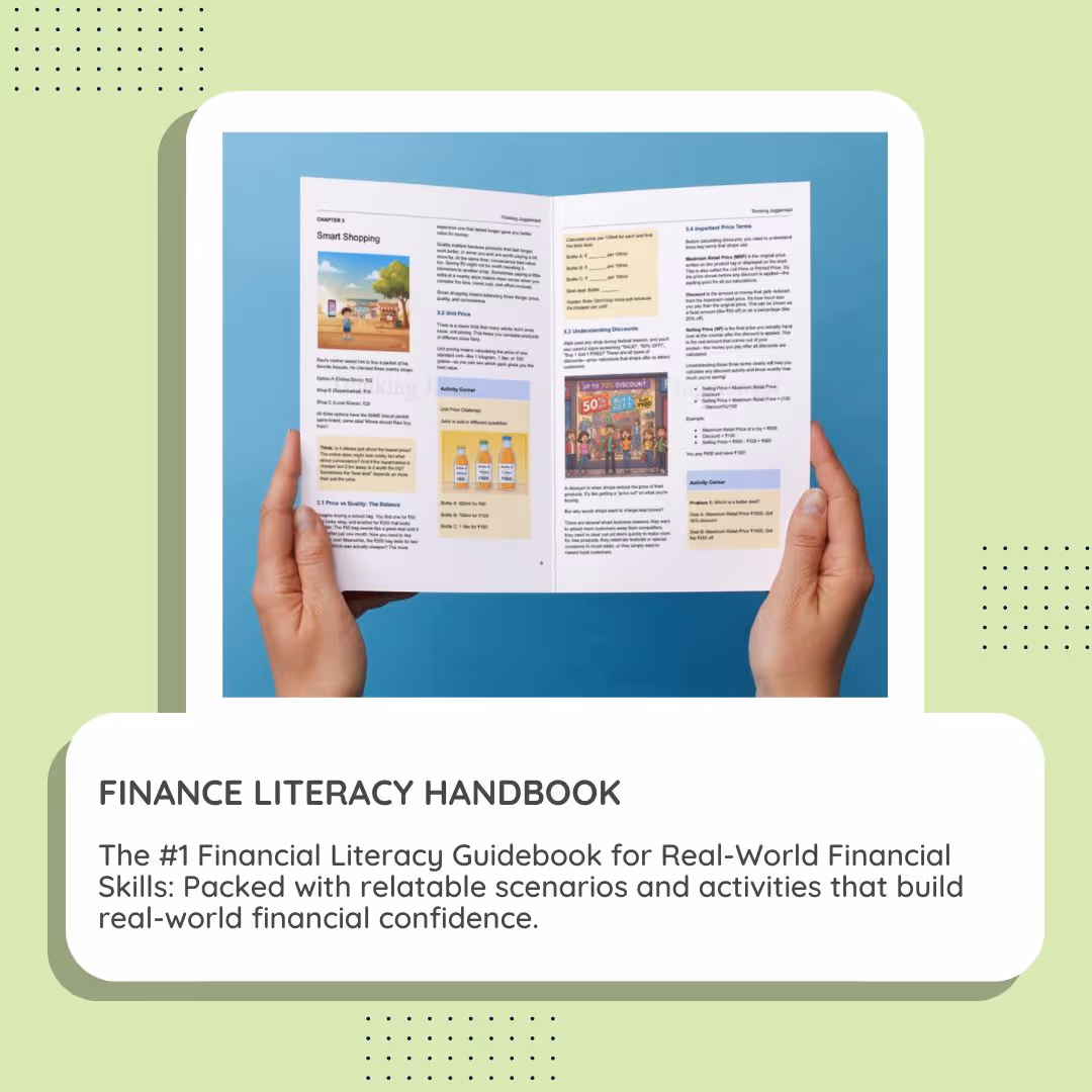 Hands holding open a financial literacy handbook displaying educational content on smart shopping with text and images.