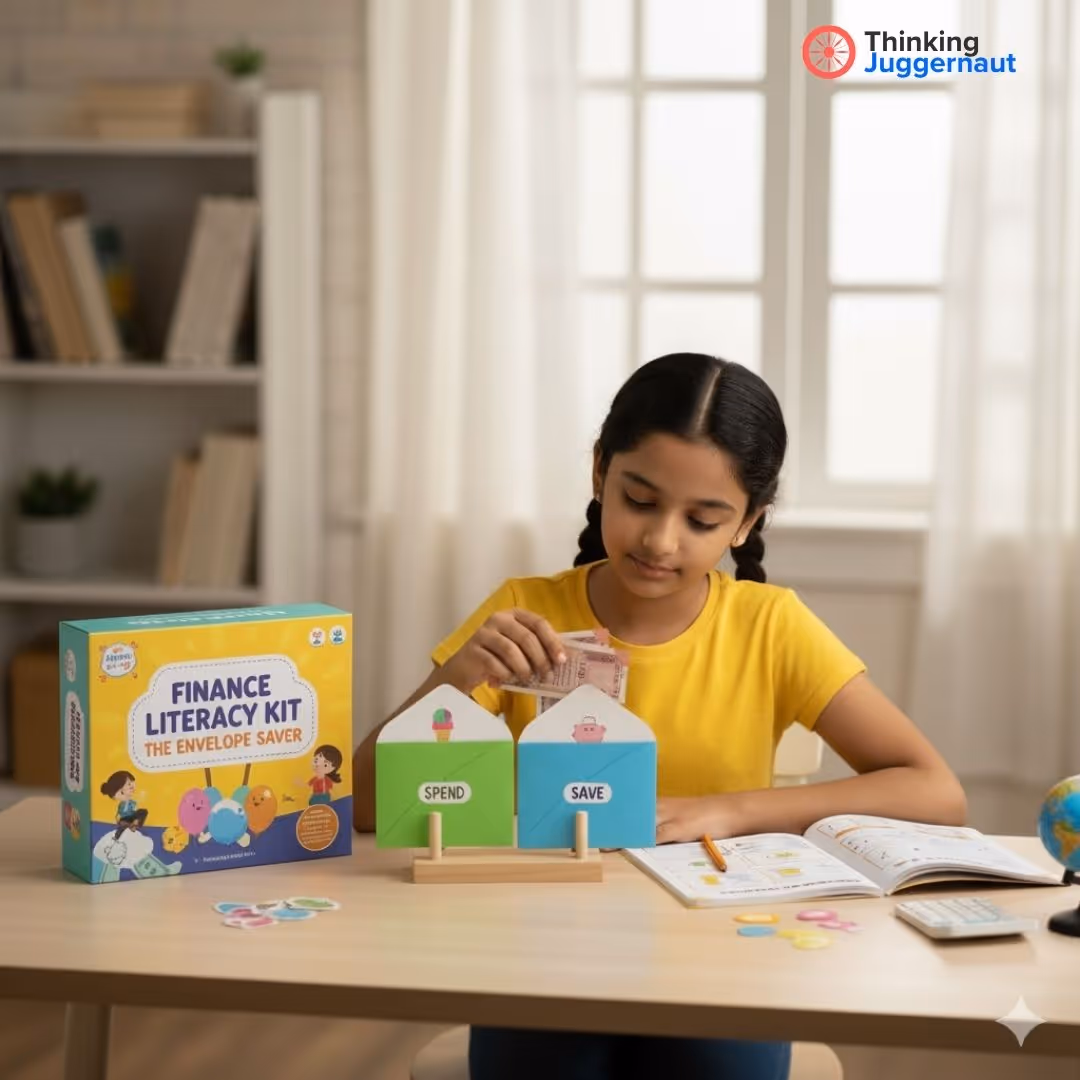 Girl in yellow shirt inserting currency into a blue 'SAVE' envelope next to a green 'SPEND' envelope on a desk with a Finance Literacy Kit box and open workbook.