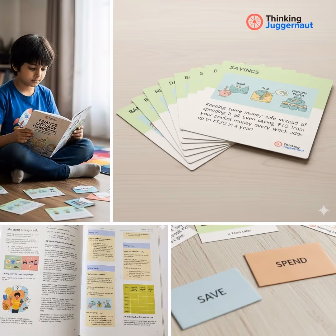 Collage of a child reading a Finance Literacy Handbook with educational cards about saving and spending money.