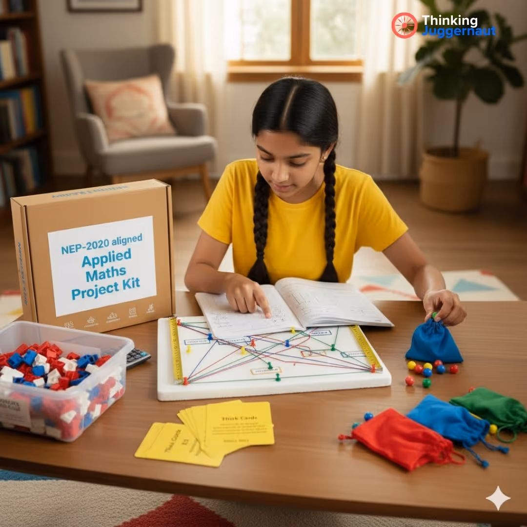 Young girl in yellow shirt working on an applied maths project with a pinned board, string connections, cards, and colored pouches on a table.