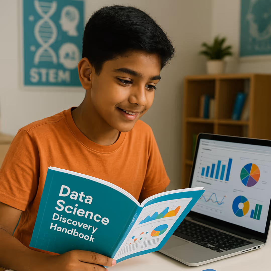 Smiling boy reading a Data Science Discovery Handbook with colorful charts, sitting next to a laptop displaying graphs and pie charts.