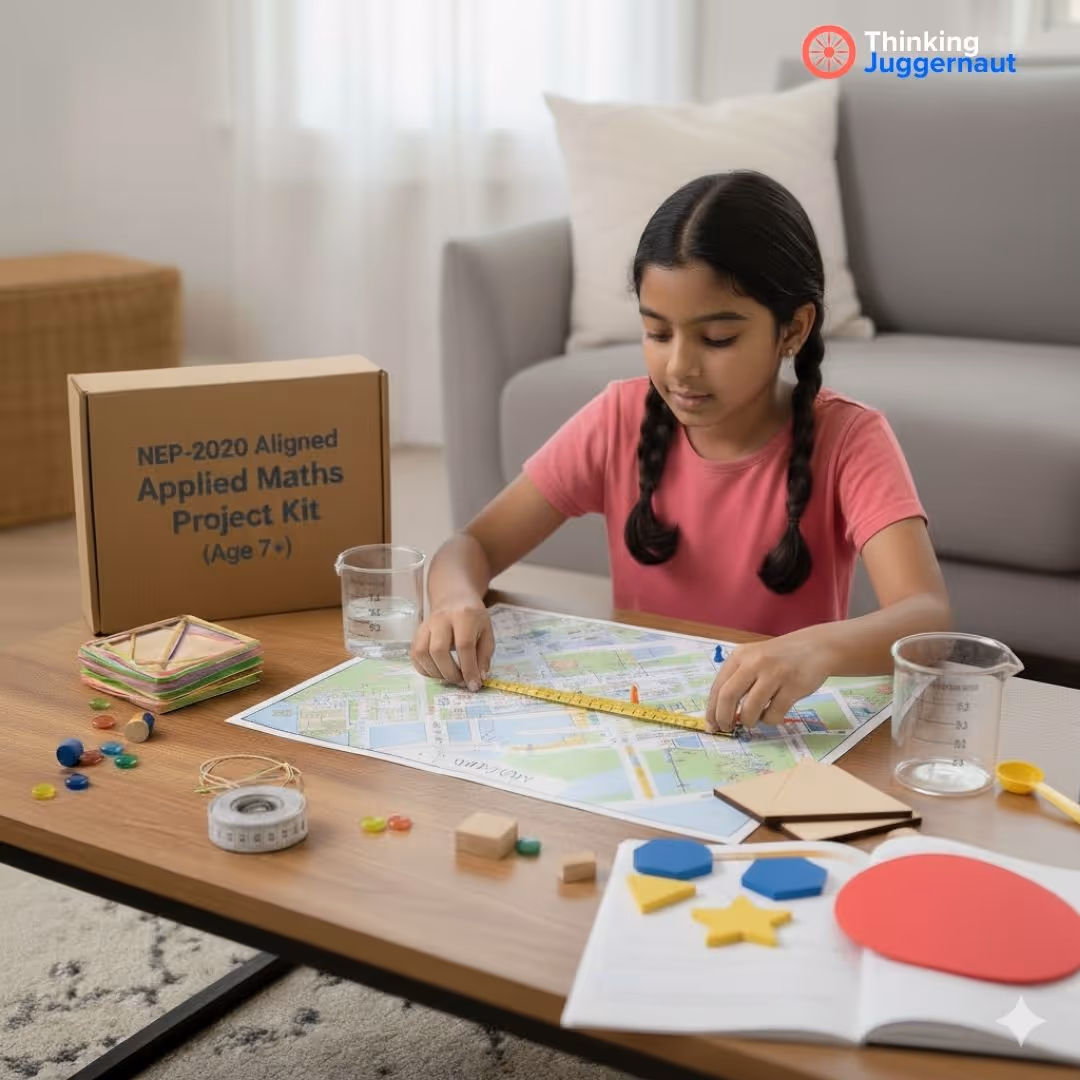 A young girl in a pink shirt measures a map on a table filled with educational math tools and materials.