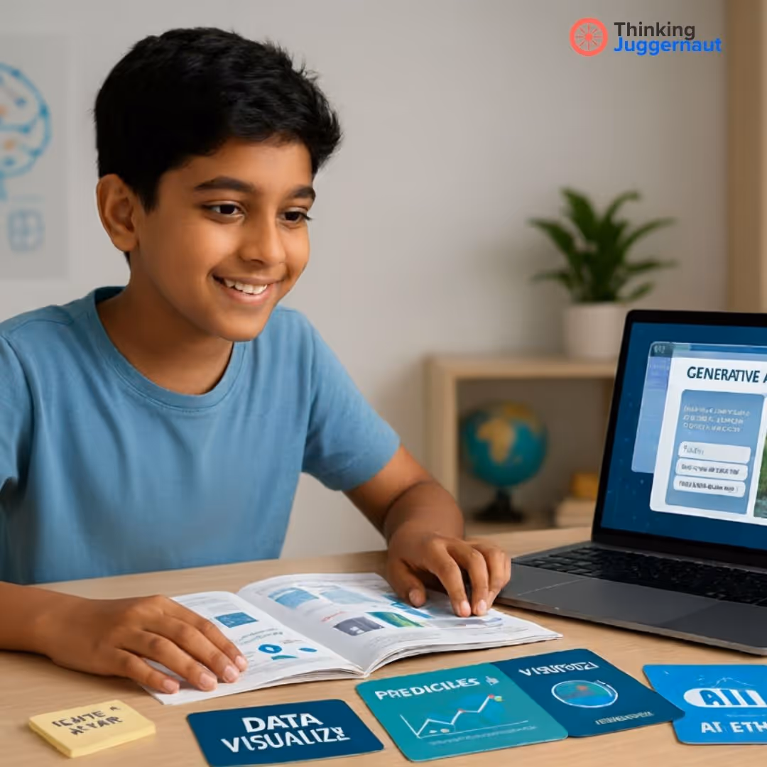 Smiling boy in a blue shirt studying data visualization and predictive analytics with an open book and laptop on a desk.