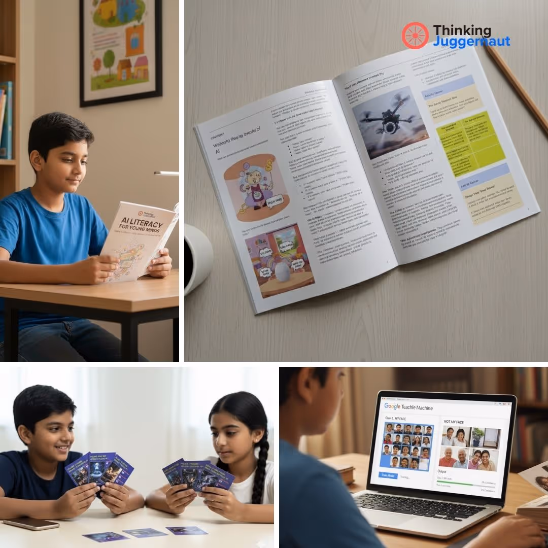 Collage showing a boy reading 'AI Literacy for Young Minds' book, the book open to a drone chapter, children playing with AI-themed cards, and a laptop screen displaying Google Teachle Machine facial recognition training.