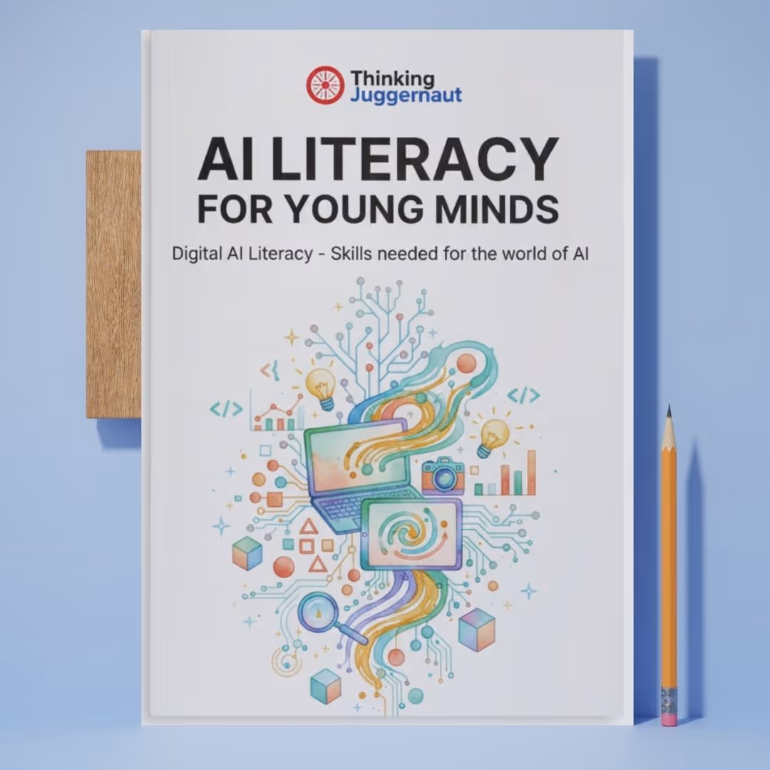Book titled 'AI Literacy for Young Minds' with colorful AI and technology-themed illustrations on the cover, placed upright against a light blue background with a pencil beside it.