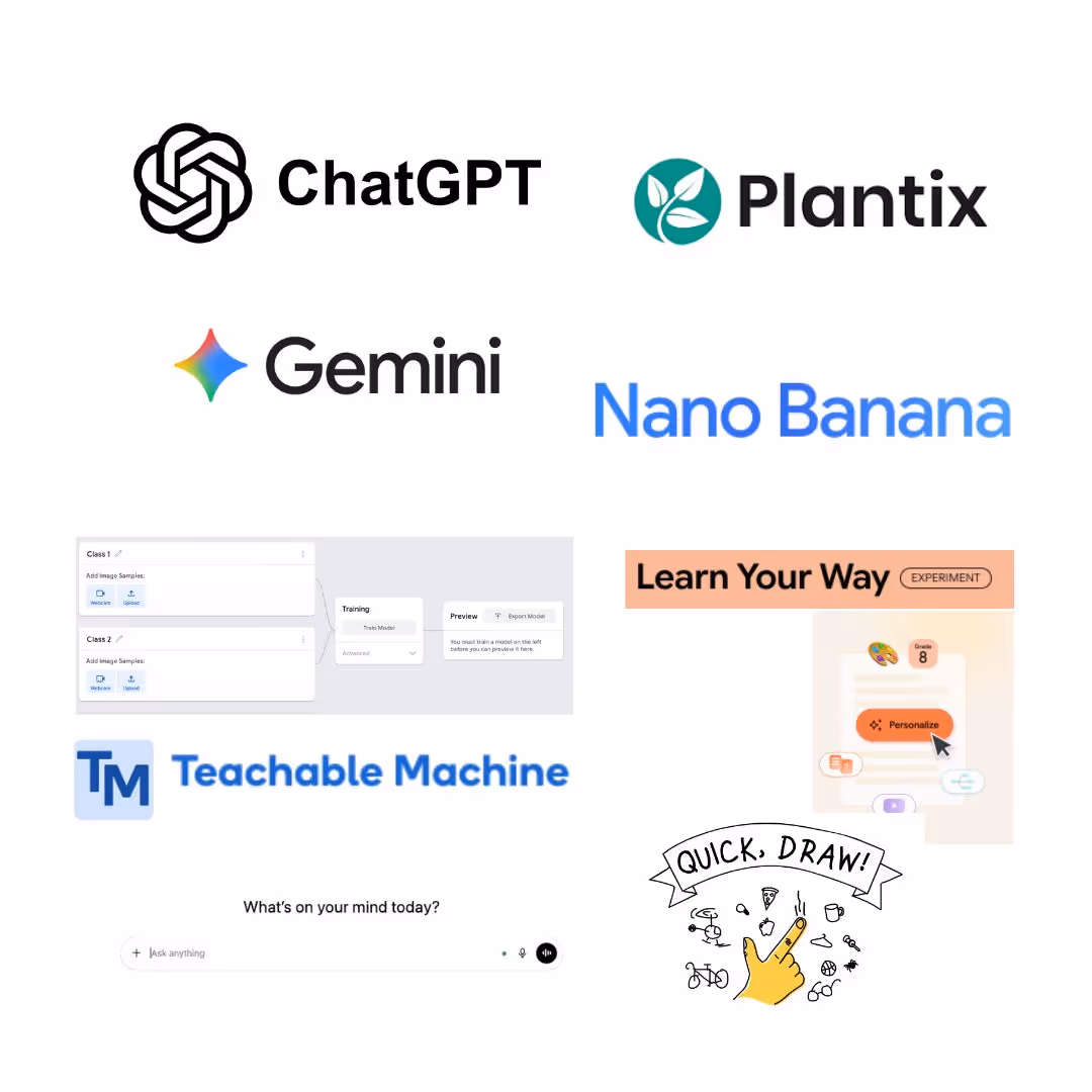 Logos and interfaces of AI tools and platforms including ChatGPT, Plantix, Gemini, Nano Banana, Teachable Machine, a training interface, a 'Learn Your Way' experiment with a personalize button, a search bar with 'What's on your mind today?', and a 'Quick, Draw!' illustration with a pointing hand.