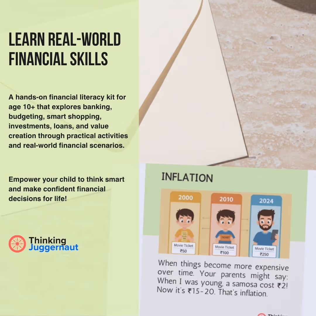 Educational infographic explaining inflation with movie ticket prices rising from ₹50 in 2000 to ₹250 in 2024, emphasizing real-world financial skills for children aged 10+.