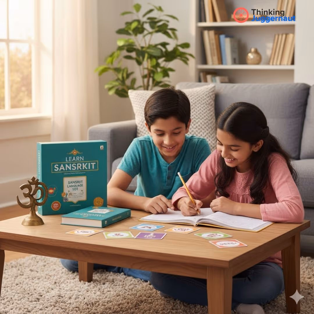 Two children sitting at a wooden table learning Sanskrit with books and flashcards, smiling and writing in a notebook.