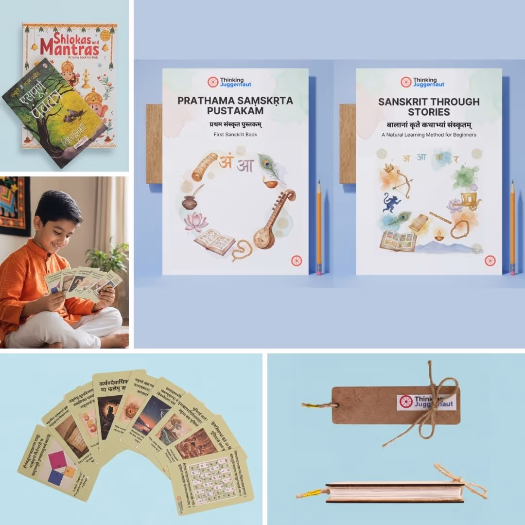 Collage showing Sanskrit learning materials including two books titled 'Prathama Samskrta Pustakam' and 'Sanskrit Through Stories', a young boy in an orange kurta reading flashcards, a spread of educational flashcards with Sanskrit text, and a closed book with a brown tag tied with string.