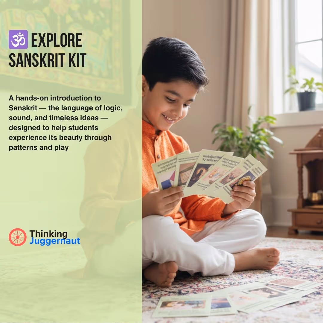 Smiling boy sitting cross-legged on a patterned rug, playing with illustrated Sanskrit flashcards in a sunlit room.