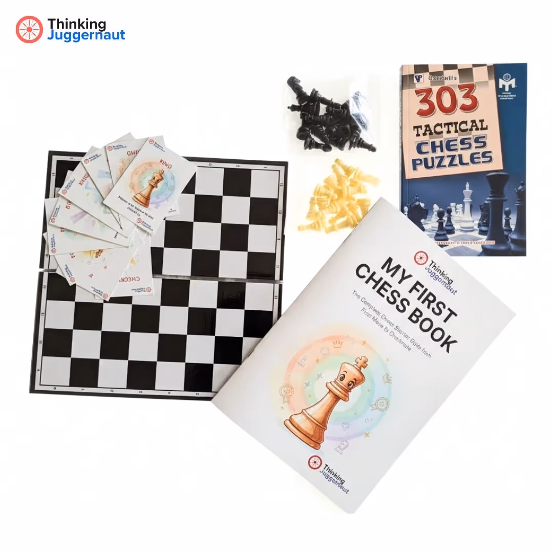 Chess learning set with a foldable chessboard, black and white chess pieces, instructional cards, and two books titled 'My First Chess Book' and '303 Tactical Chess Puzzles'.