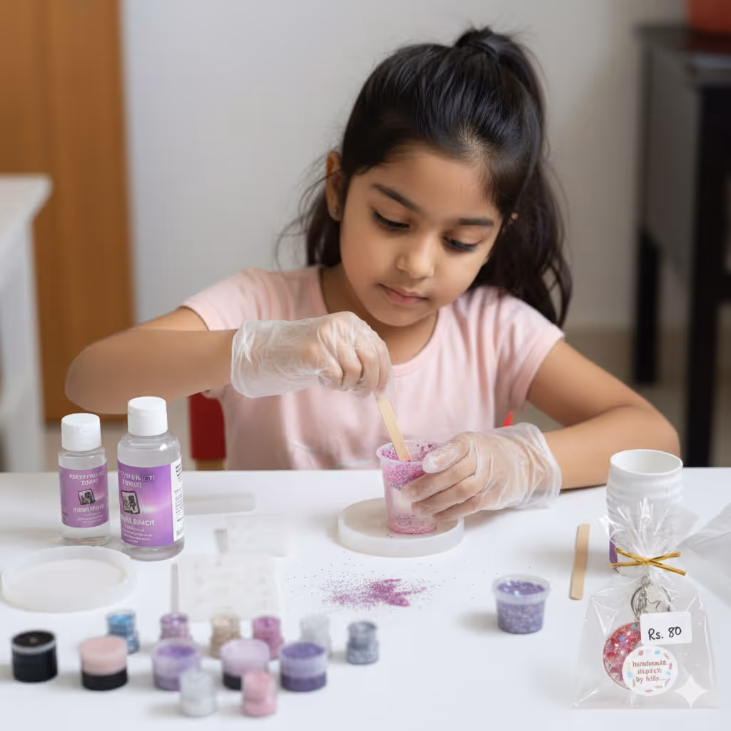 Young girl wearing gloves stirring a purple mixture in a cup, surrounded by various containers and craft materials on a table.