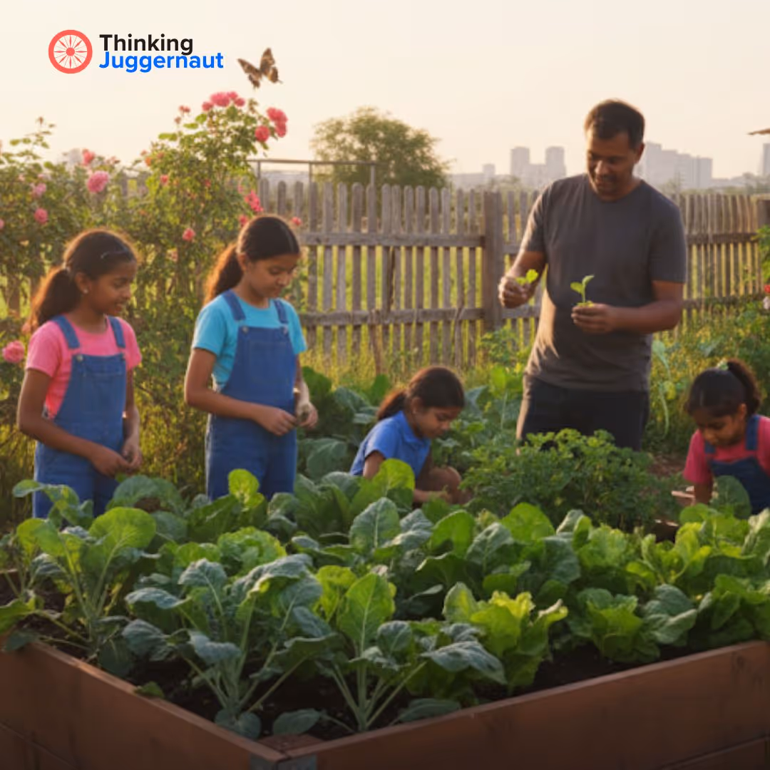 An adult teaching four children gardening in a raised vegetable bed with leafy greens during sunset.
