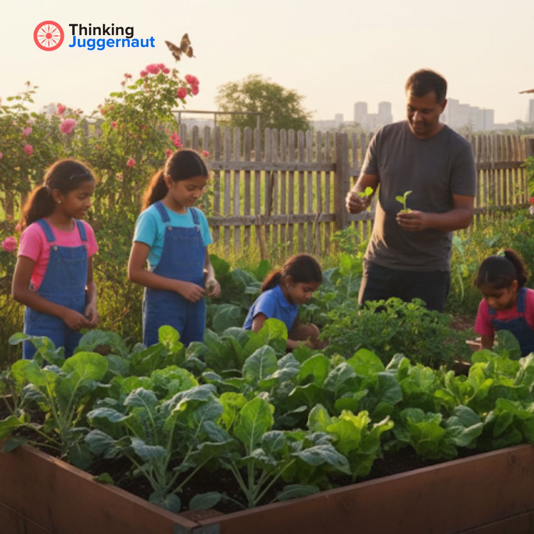 An adult teaching four children gardening in a raised vegetable bed with leafy greens during sunset.