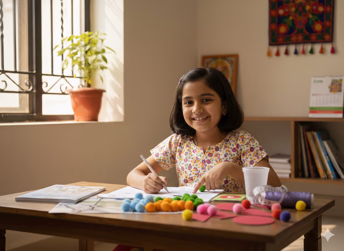 Smiling girl sitting at a table with colorful pom-poms, craft materials, and books, working on an art project in a sunlit room.