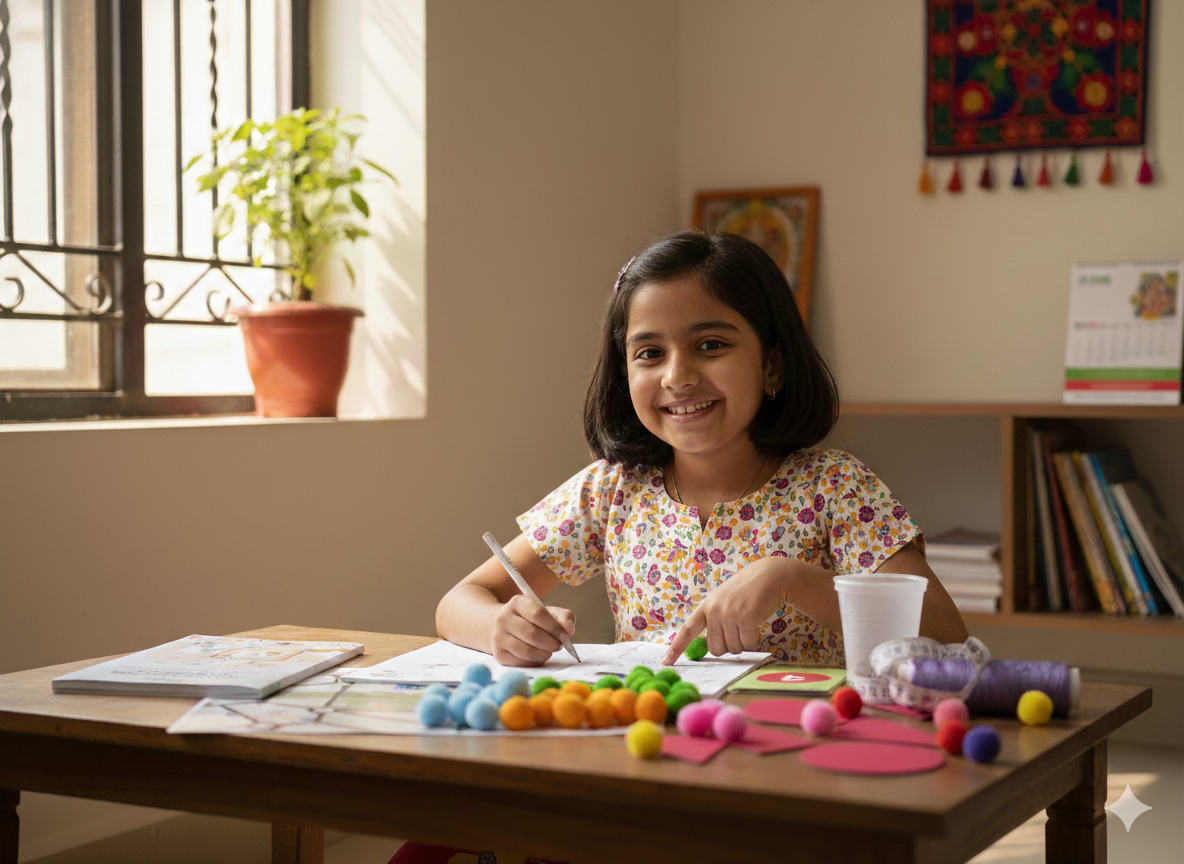 Smiling girl sitting at a table with colorful pom-poms, craft materials, and books, working on an art project in a sunlit room.