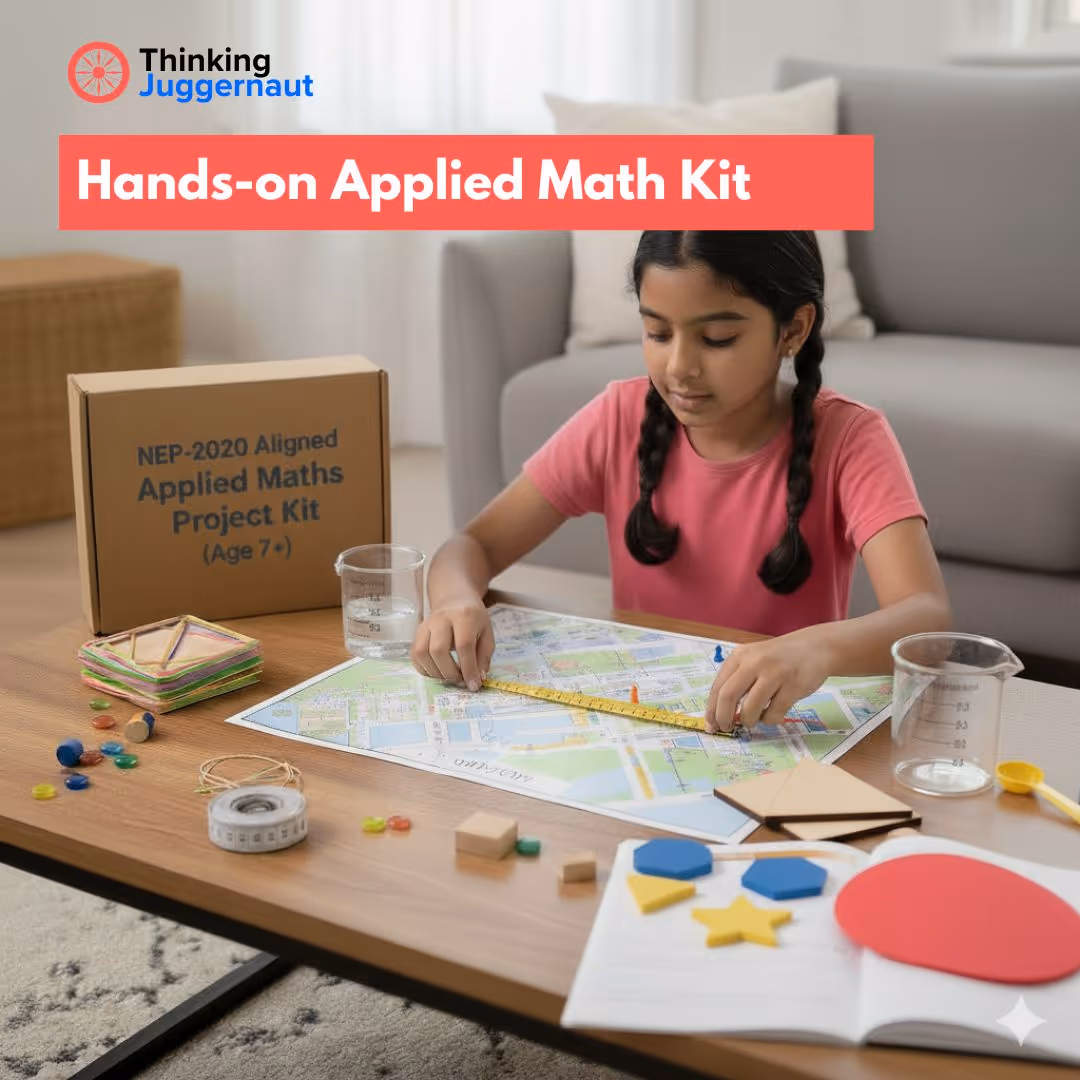 Girl with braided hair using a measuring tape on a city map, surrounded by math learning tools including geometric shapes, a wooden box labeled Applied Maths Project Kit, and measuring containers.