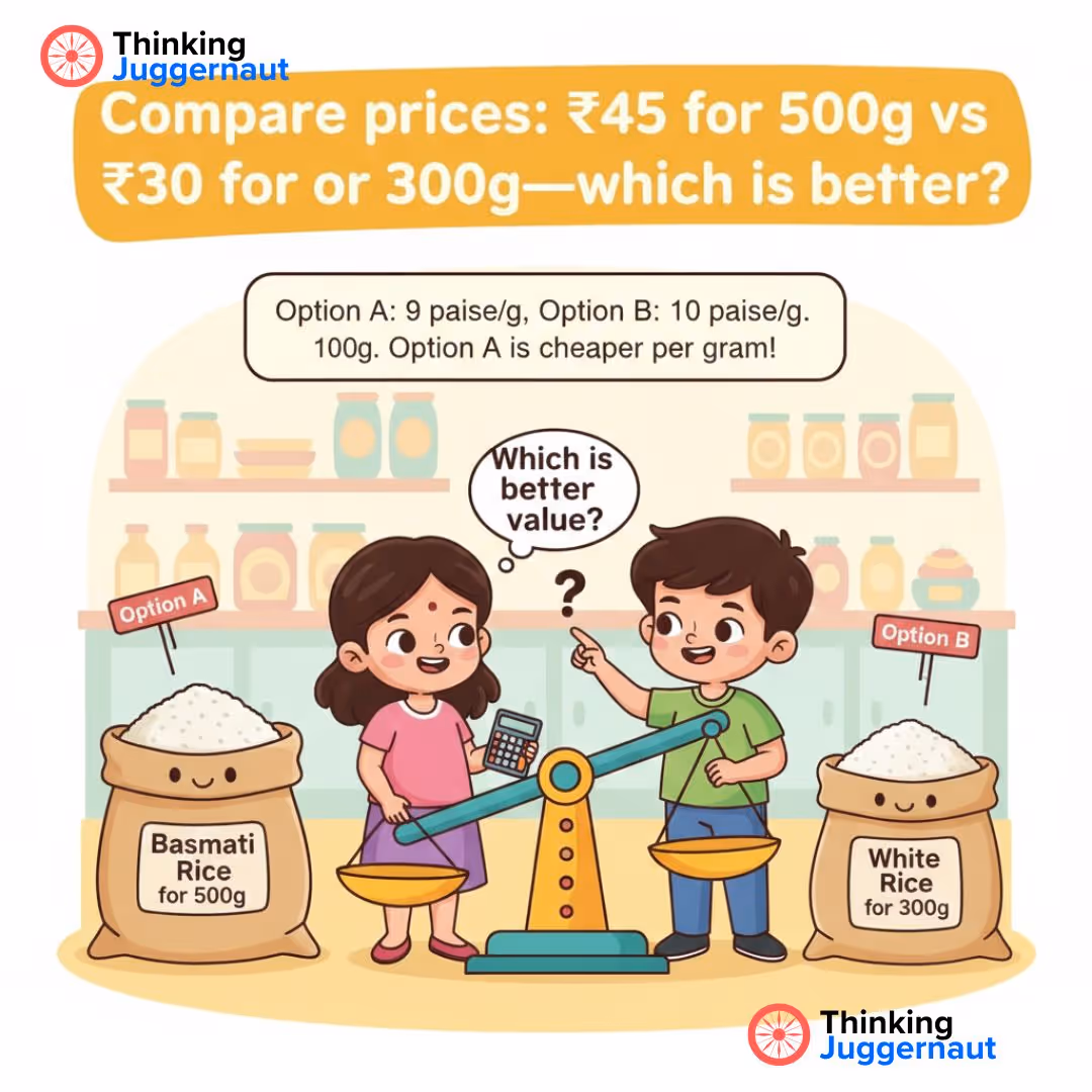 Illustration of a girl and boy comparing prices of basmati rice (₹45 for 500g) and white rice (₹30 for 300g) using a balance scale and calculator, discussing which is better value.