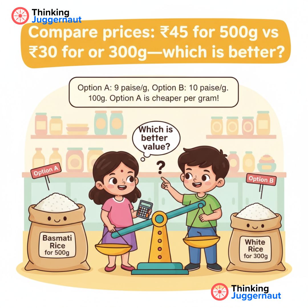 Illustration of a girl and boy comparing prices of basmati rice (₹45 for 500g) and white rice (₹30 for 300g) using a balance scale and calculator, discussing which is better value.
