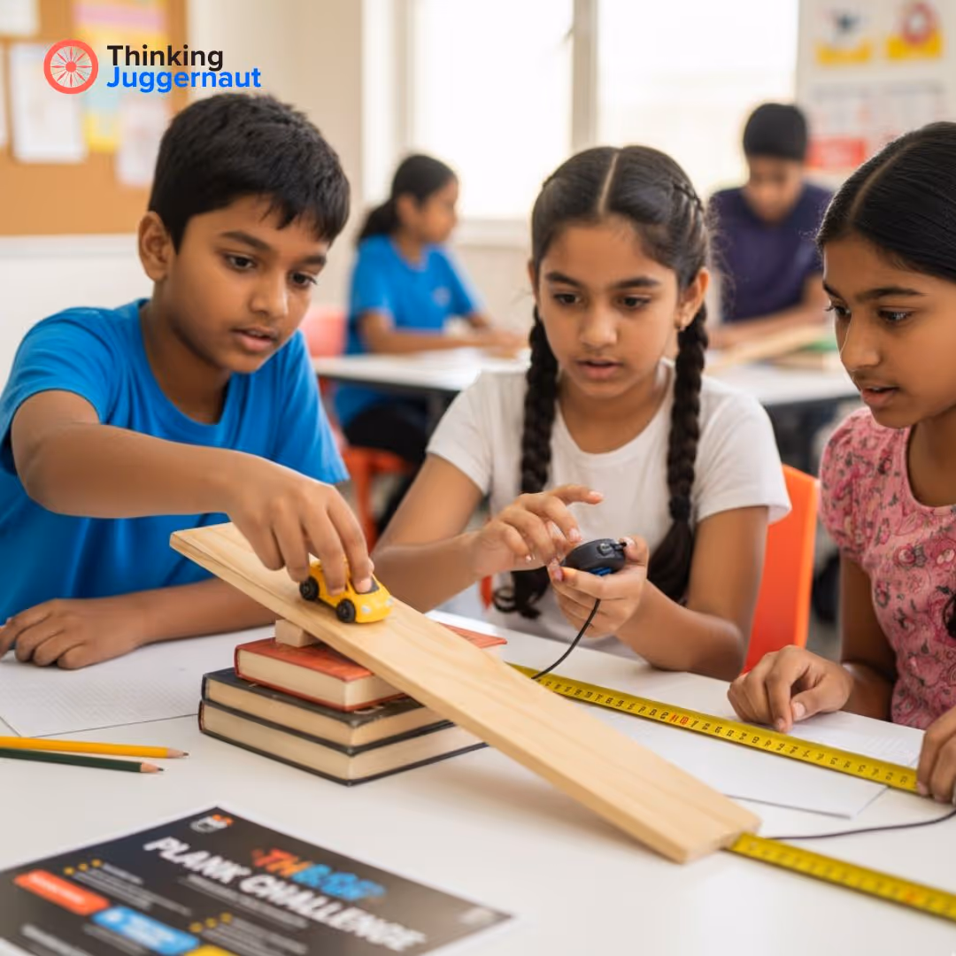 Three children conducting a science experiment with a toy car rolling down a wooden ramp supported by books, using a stopwatch and measuring tape in a classroom.