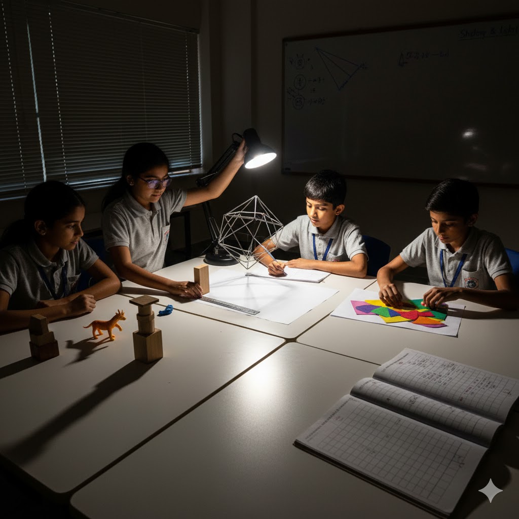 Four students in gray uniforms seated around a table in a dim room, engaged in a STEM activity illuminated by a desk lamp, with geometric models and notebooks.