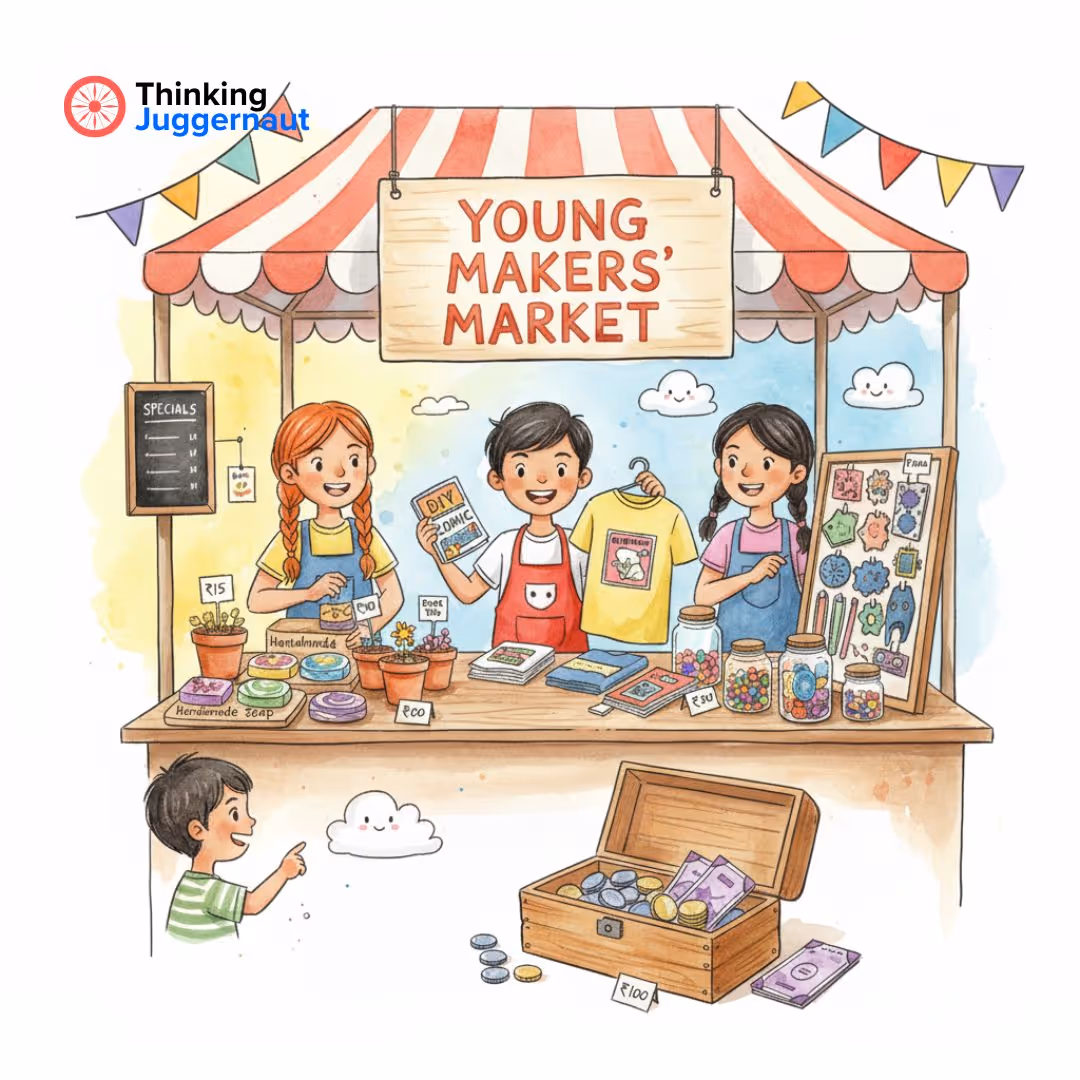 Illustration of a young makers' market stall with three kids selling crafts like soap, plants, books, jewelry, and a yellow t-shirt, with a boy pointing at the stall and a wooden chest filled with coins and paper money.