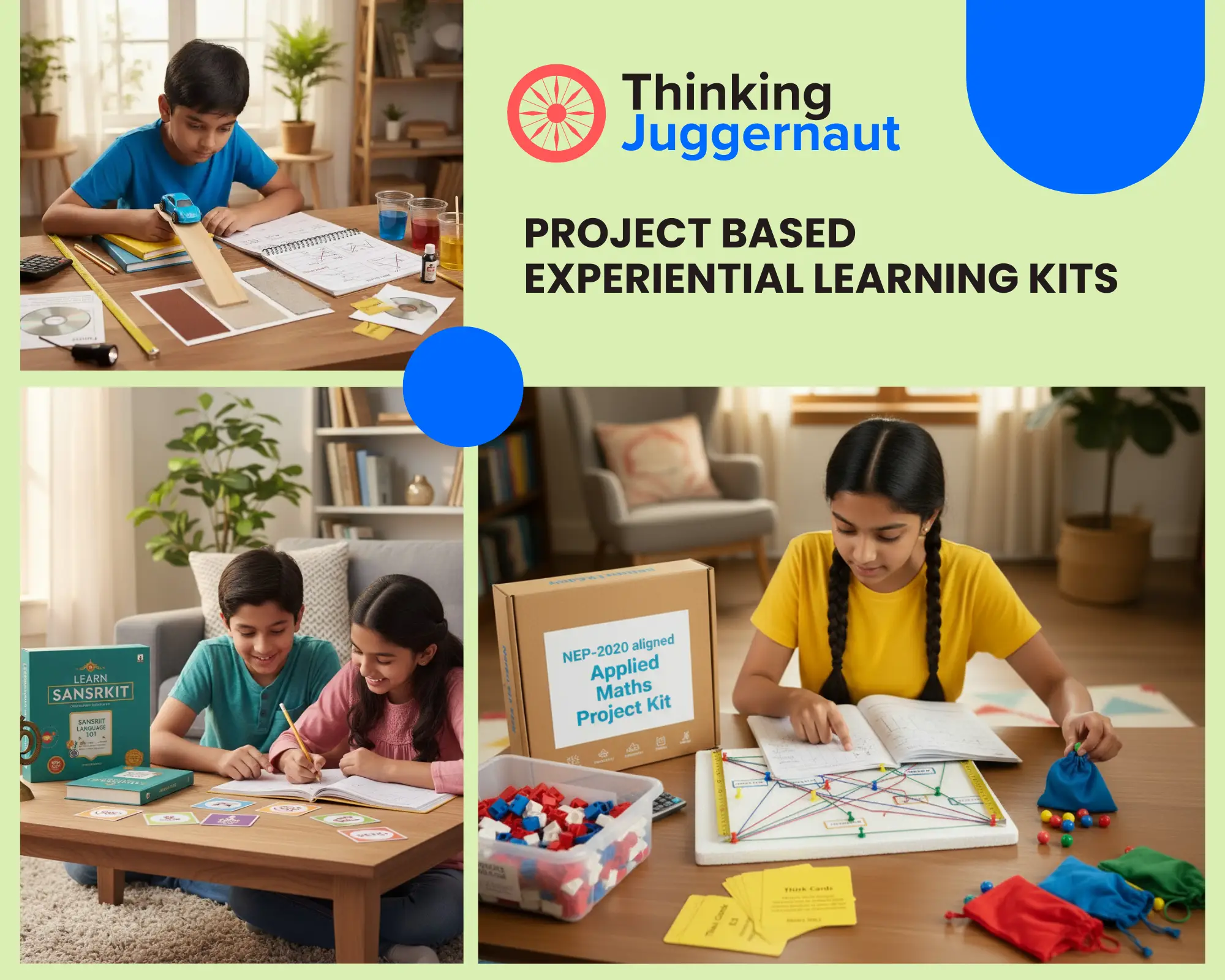 Collage showing children engaged in educational activities with project-based experiential learning kits including a car ramp, Sanskrit language cards, and a maths project kit with colored blocks and string board.