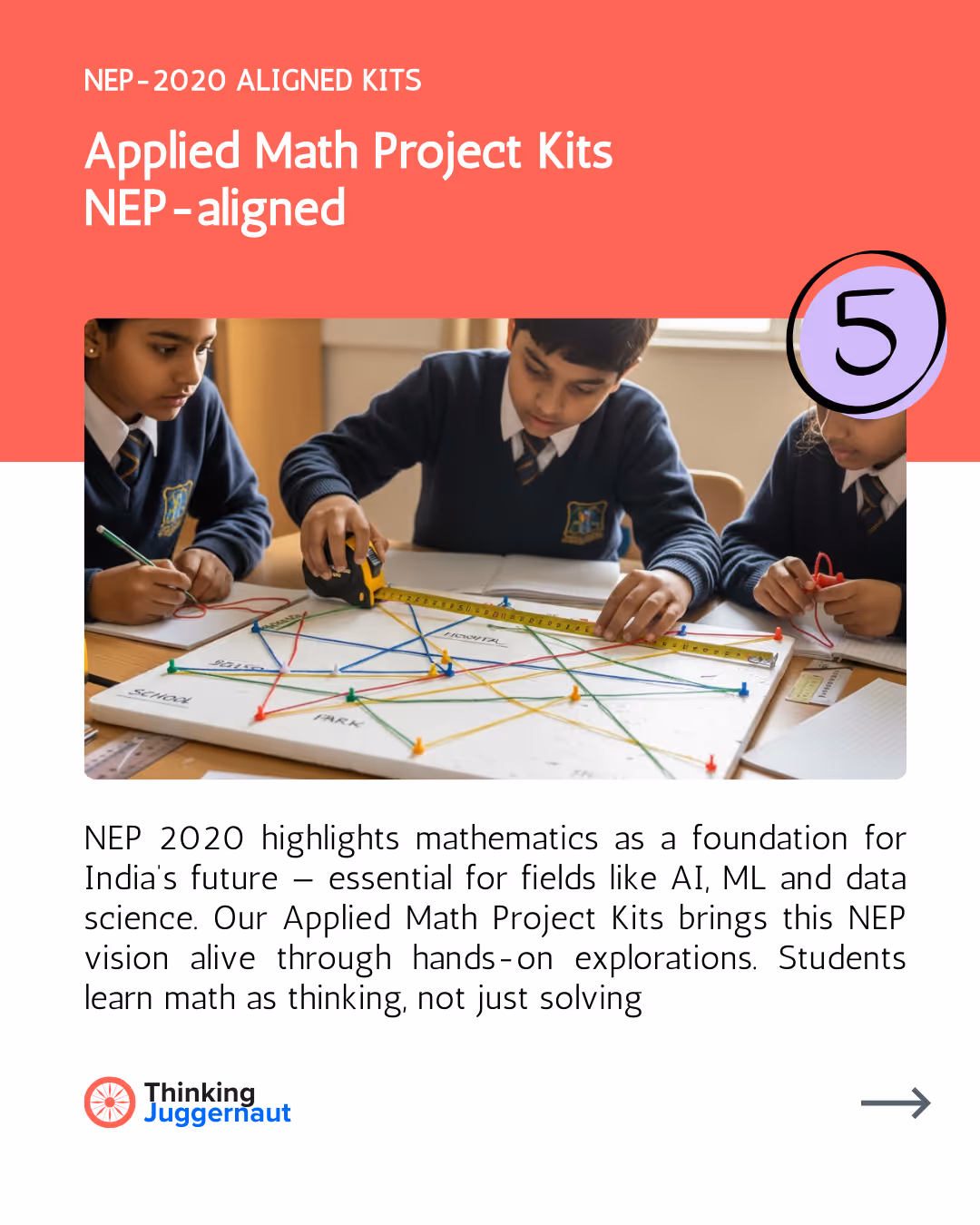 Three students in school uniforms working on a project connecting colored pins on a board with strings while measuring with a tape.