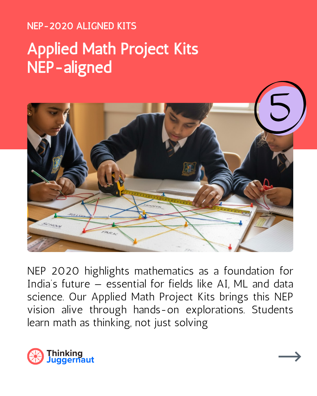 Three students in school uniforms working on a project connecting colored pins on a board with strings while measuring with a tape.