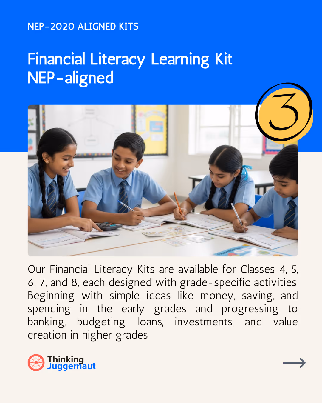 Four school children in blue uniforms sitting at a table working on financial literacy worksheets together.