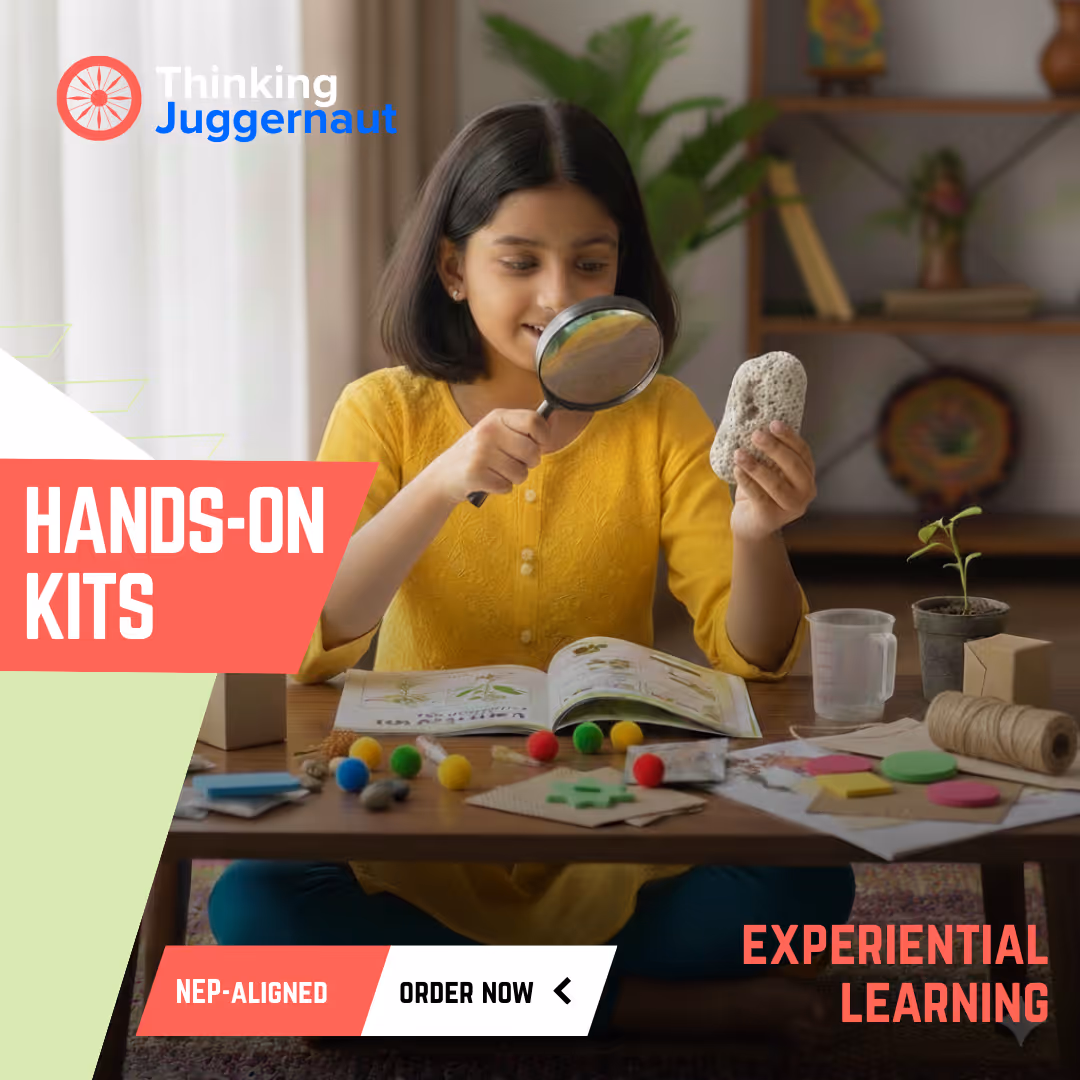 Girl in yellow shirt examining a rock with a magnifying glass at a table with plants and educational materials, promoting hands-on kits for experiential learning.