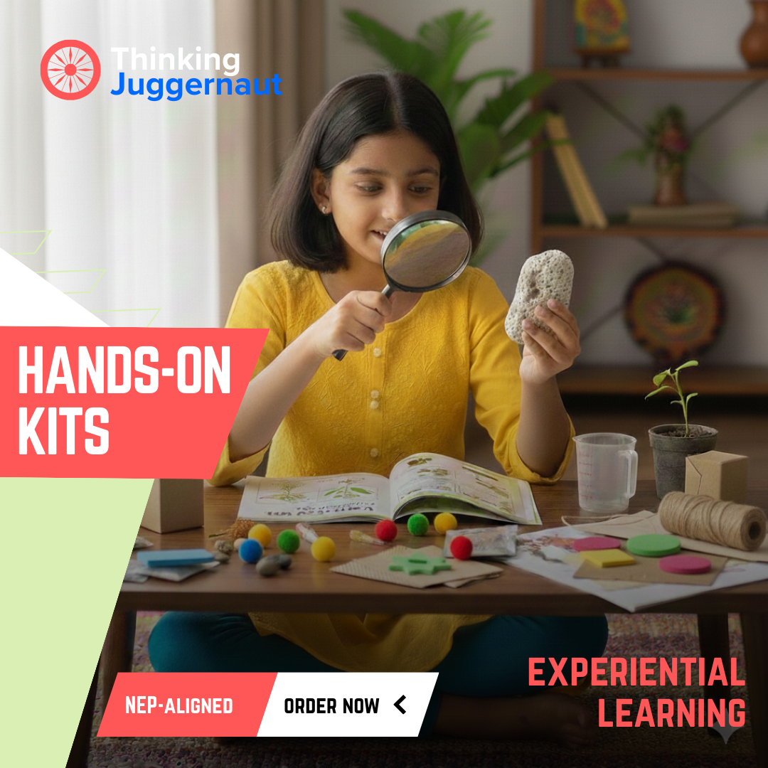 Girl in yellow shirt examining a rock with a magnifying glass at a table with plants and educational materials, promoting hands-on kits for experiential learning.
