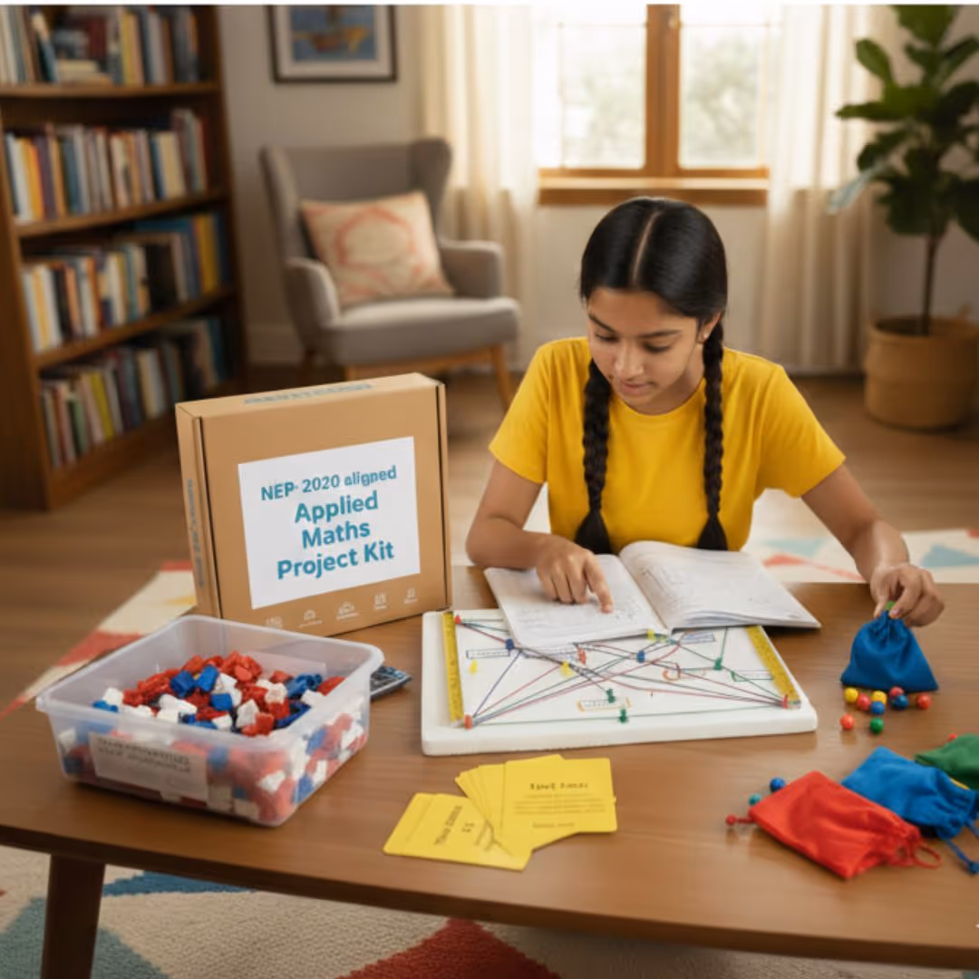Girl in yellow shirt using NEP-2020 aligned Applied Maths Project Kit with colored strings, pegs, and cards at a table.
