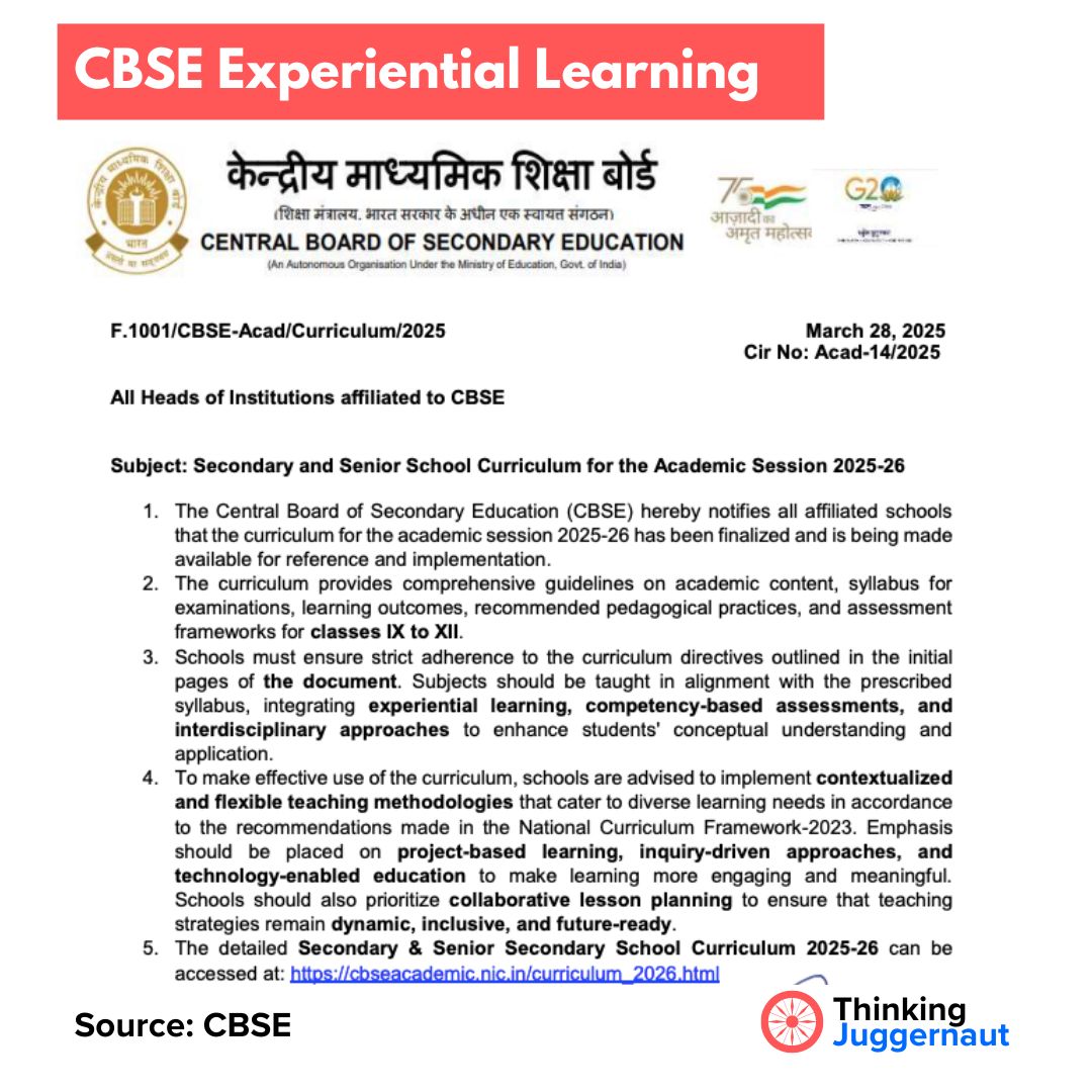 CBSE notification on Secondary and Senior School Curriculum for academic session 2025-26 emphasizing experiential learning and competency-based assessments.