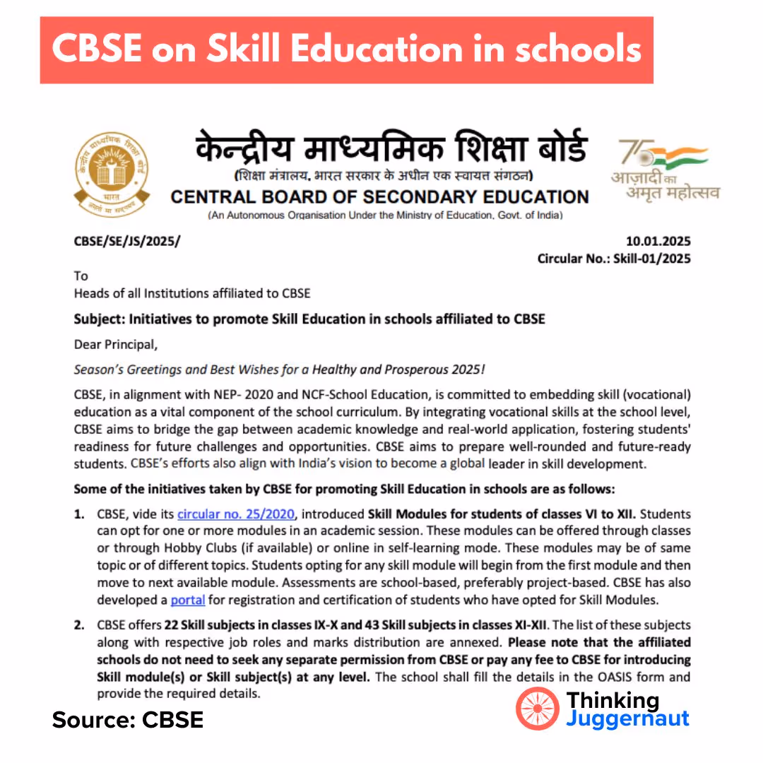 CBSE circular dated 10.01.2025 detailing initiatives to promote skill education in schools affiliated with CBSE, including vocational skill modules for classes VI to XII and skill subjects for classes IX to XII.