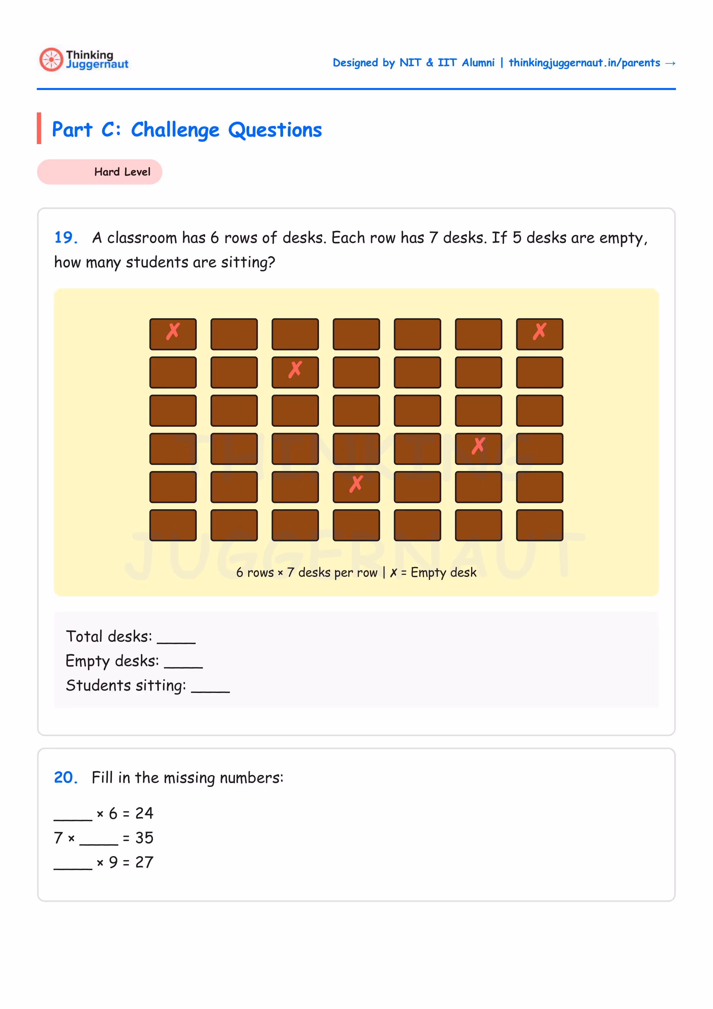 Math worksheet with hard level challenge questions showing a classroom seating arrangement of 6 rows and 7 desks each, marking 5 empty desks with red crosses, and multiplication problems to fill in missing numbers.