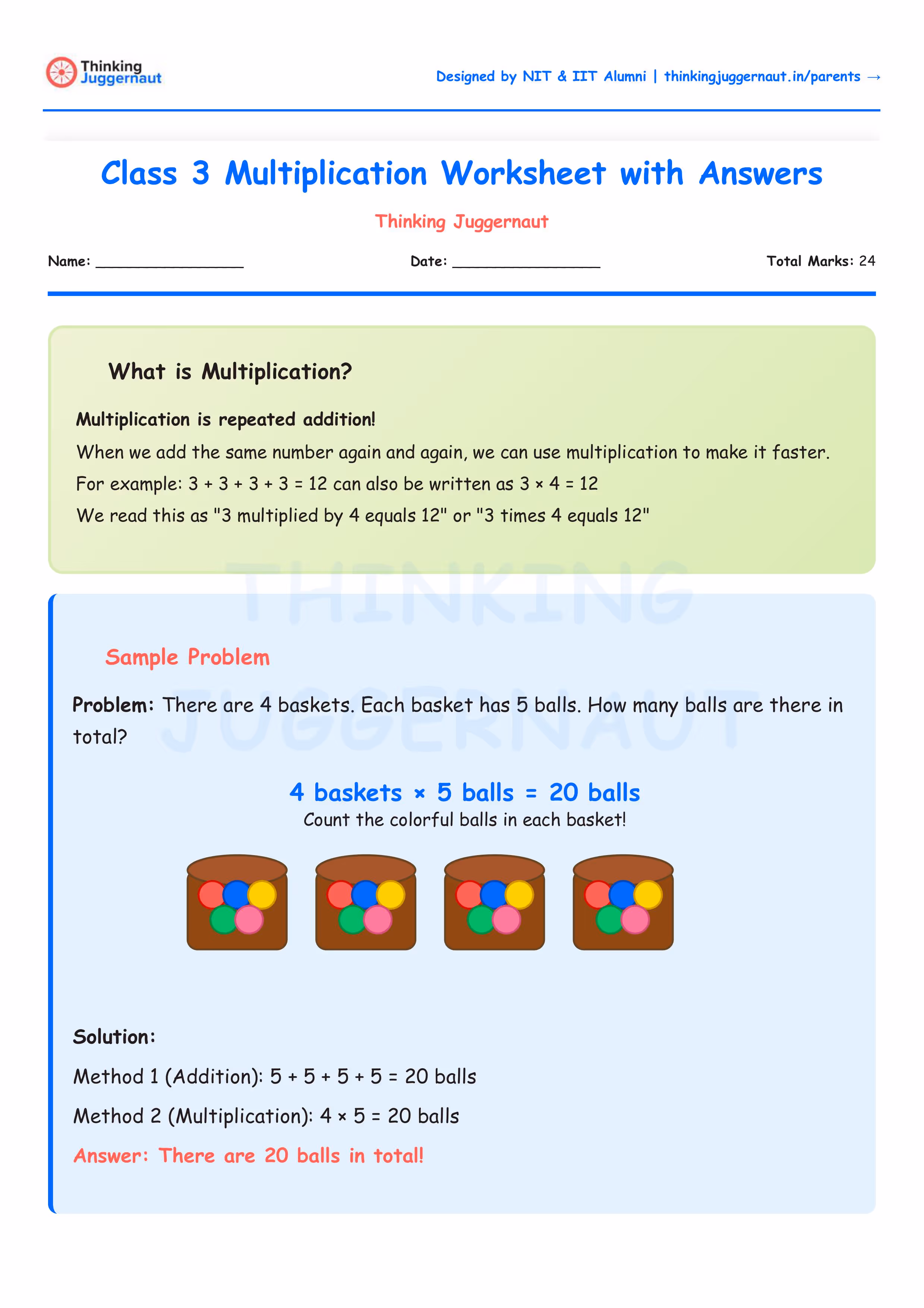 Class 3 multiplication worksheet explaining multiplication as repeated addition, with a sample problem showing 4 baskets with 5 colorful balls each, solved by addition and multiplication to total 20 balls.