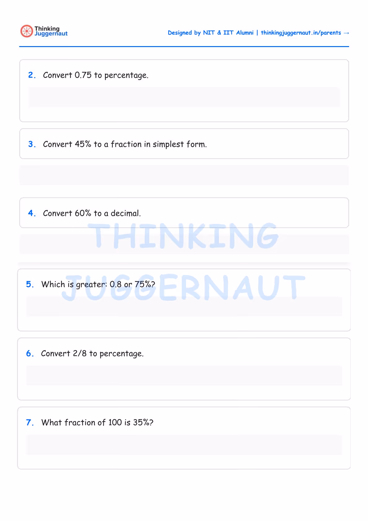 Math worksheet with percentage and fraction conversion questions numbered 2 to 7.