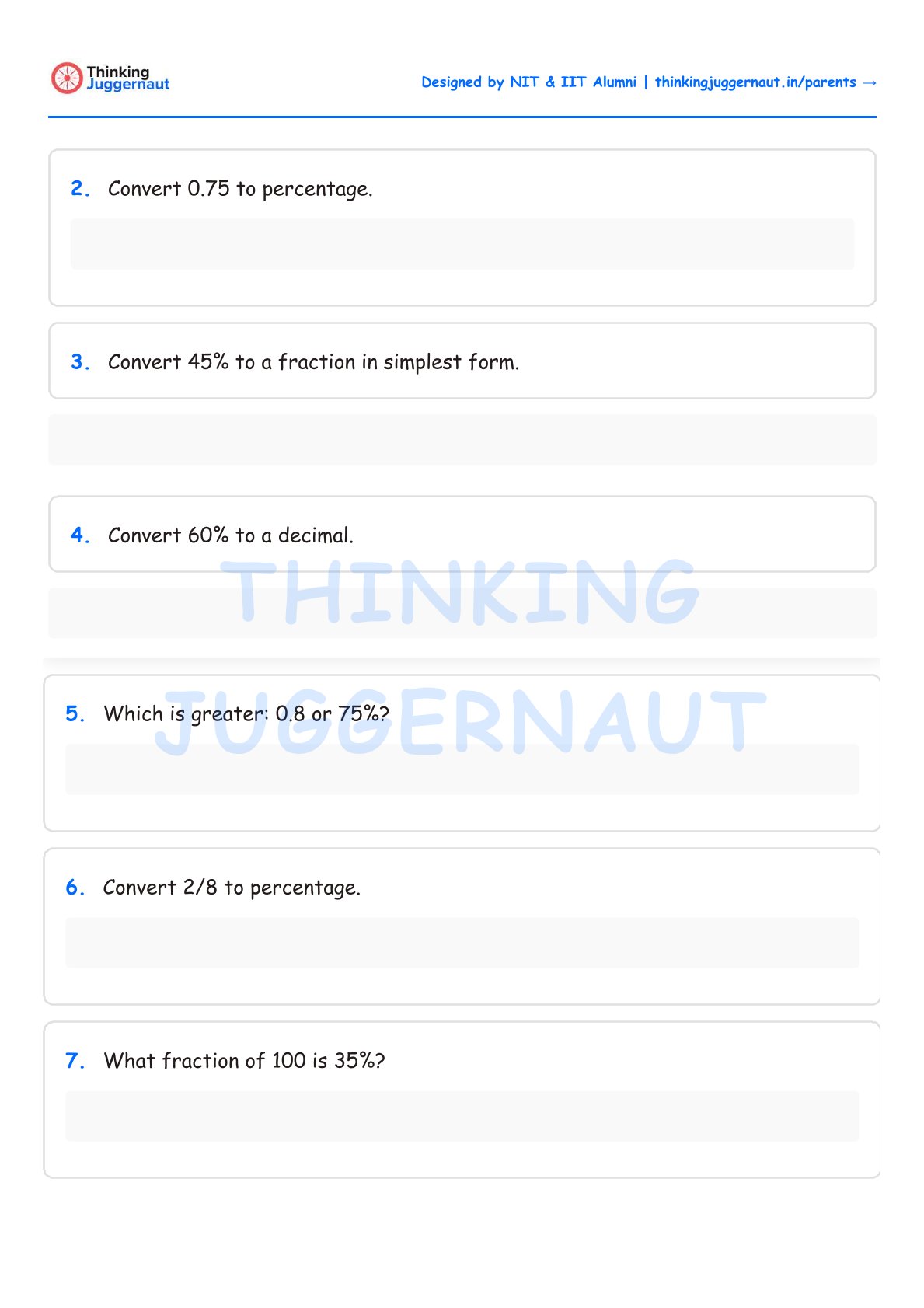 Math worksheet with percentage and fraction conversion questions numbered 2 to 7.