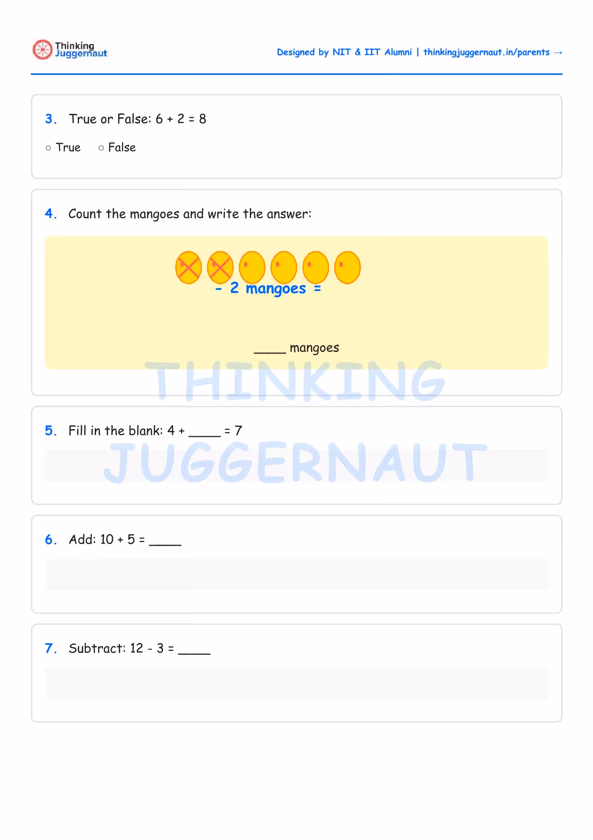 Class 2 math worksheet with addition and subtraction questions, including counting mangoes with two crossed out and questions to fill in missing sums and differences.