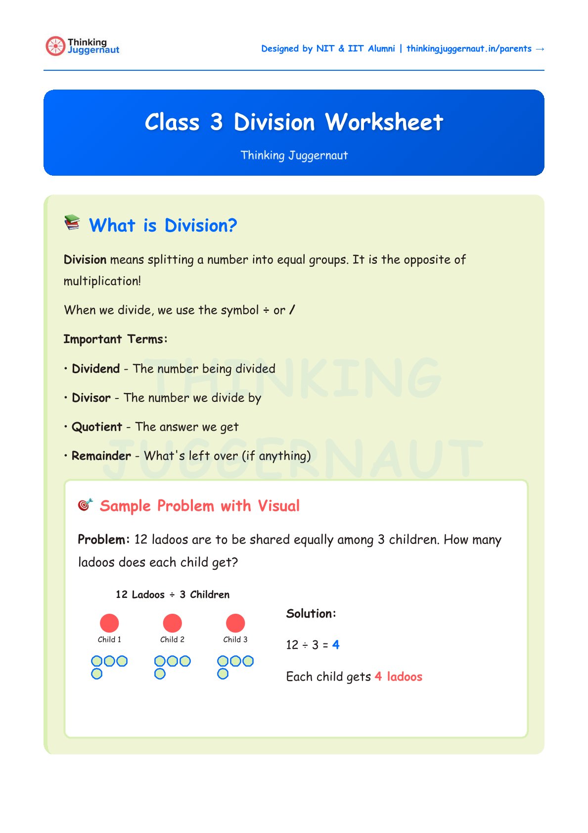 Class 3 division worksheet explaining division with terms like dividend, divisor, quotient, remainder, and a sample problem dividing 12 ladoos among 3 children, each getting 4 ladoos.
